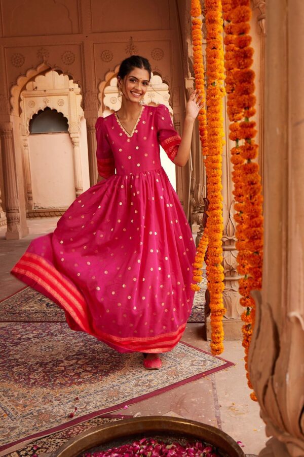 Ahalyaa Women Pink & Orange Polka Dots Print A-line Maxi Dress