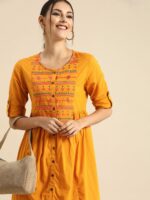 Anouk Mustard Yellow Embroidered Pleated Pure Cotton A-Line Dress