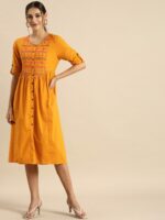 Anouk Mustard Yellow Embroidered Pleated Pure Cotton A-Line Dress - Image 3