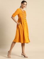 Anouk Mustard Yellow Embroidered Pleated Pure Cotton A-Line Dress - Image 4