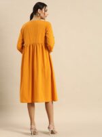 Anouk Mustard Yellow Embroidered Pleated Pure Cotton A-Line Dress - Image 5