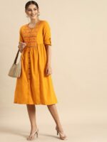 Anouk Mustard Yellow Embroidered Pleated Pure Cotton A-Line Dress - Image 6