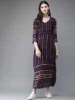 Anouk Navy Blue Striped Rayon Straight Kurta With Pompom Lace Hem - Image 3