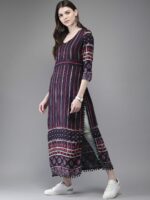 Anouk Navy Blue Striped Rayon Straight Kurta With Pompom Lace Hem - Image 4