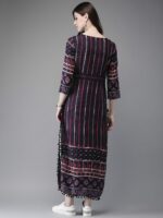 Anouk Navy Blue Striped Rayon Straight Kurta With Pompom Lace Hem - Image 5