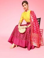 Anouk Women Pink & Yellow Embellished Ready to Wear Lehenga & Blouse With Dupatta