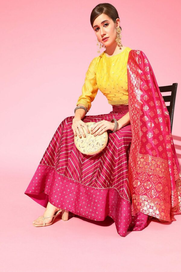 Anouk Women Pink & Yellow Embellished Ready to Wear Lehenga & Blouse With Dupatta