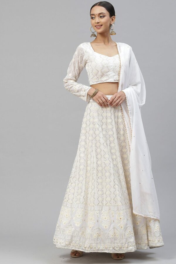 Divine International Trading Co White Embroidered Sequinned Semi-Stitched Lehenga & Unstitched Blouse With
