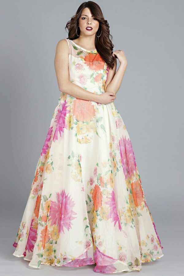 EthnoVogue Off-White Printed Boat Neck Custom Designed Made to Measure Cocktail Gown