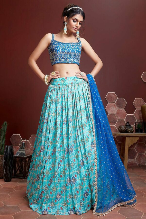 FABPIXEL Blue & Pink Embellished Semi-Stitched Lehenga & Unstitched Blouse With Dupatta