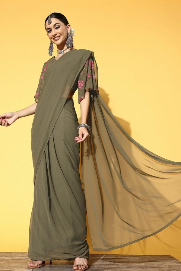 Inddus Olive Green & Pink Floral Embroidered Ready to Wear Saree with Blouse