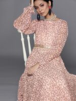 Inddus Pink & Olive Brown Georgette Floral Printed Maxi Dress With Embellished Belt - Image 3