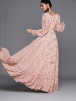 Inddus Pink & Olive Brown Georgette Floral Printed Maxi Dress With Embellished Belt - Image 4