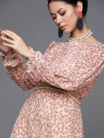 Inddus Pink & Olive Brown Georgette Floral Printed Maxi Dress With Embellished Belt - Image 5