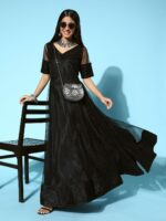 Inddus Women Classic Black Ethnic Motifs Swirling Volume Dress