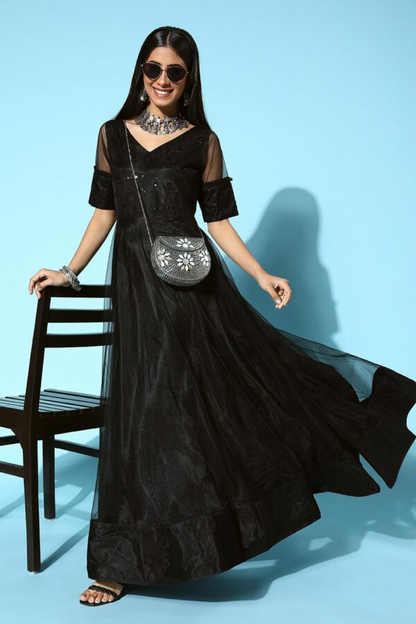 Inddus Women Classic Black Ethnic Motifs Swirling Volume Dress