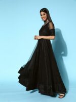 Inddus Women Classic Black Ethnic Motifs Swirling Volume Dress - Image 2
