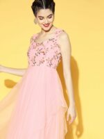 Inddus Women Pretty Pink Floral Embroidered Festive Gown