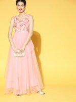 Inddus Women Pretty Pink Floral Embroidered Festive Gown - Image 2