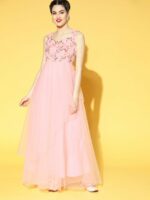 Inddus Women Pretty Pink Floral Embroidered Festive Gown - Image 4