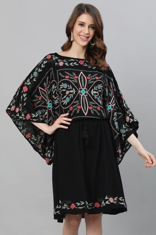 Ishin Black Ethnic Motifs Embroidered Kaftan Dress