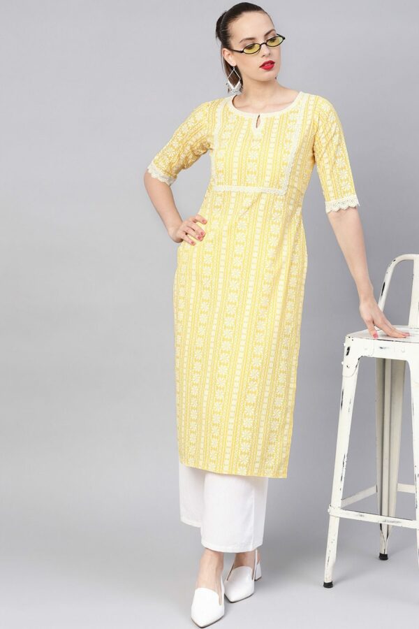 Libas Women Yellow & White Block Print Straight Kurta