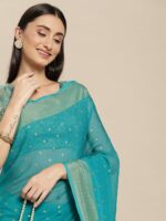 Mitera Blue & Gold-Toned Floral Zari Pure Chiffon Saree - Image 2