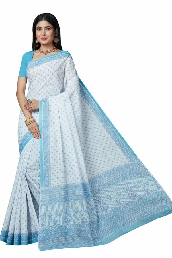 SHANVIKA White & Blue Floral Pure Cotton Ready to Wear Block Print Saree