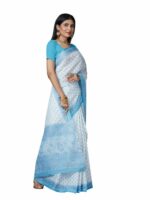 SHANVIKA White & Blue Floral Pure Cotton Ready to Wear Block Print Saree - Image 2
