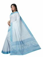 SHANVIKA White & Blue Floral Pure Cotton Ready to Wear Block Print Saree - Image 3