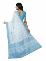 SHANVIKA White & Blue Floral Pure Cotton Ready to Wear Block Print Saree - Image 4