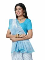 SHANVIKA White & Blue Floral Pure Cotton Ready to Wear Block Print Saree - Image 5