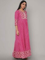 Sanganeri Kurti Women Pink & White Printed Rayon Anarkali Kurta - Image 3