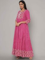 Sanganeri Kurti Women Pink & White Printed Rayon Anarkali Kurta - Image 4