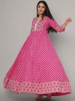 Sanganeri Kurti Women Pink & White Printed Rayon Anarkali Kurta - Image 6