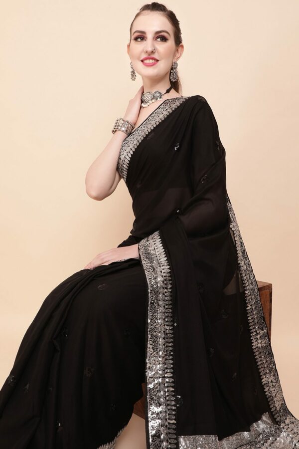 Sangria Black & Silver-Toned Embellished Sequinned Pure Georgette Saree