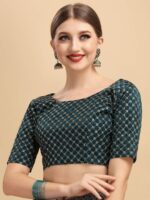 Sangria Teal & Gold-Toned Satin Saree - Image 7
