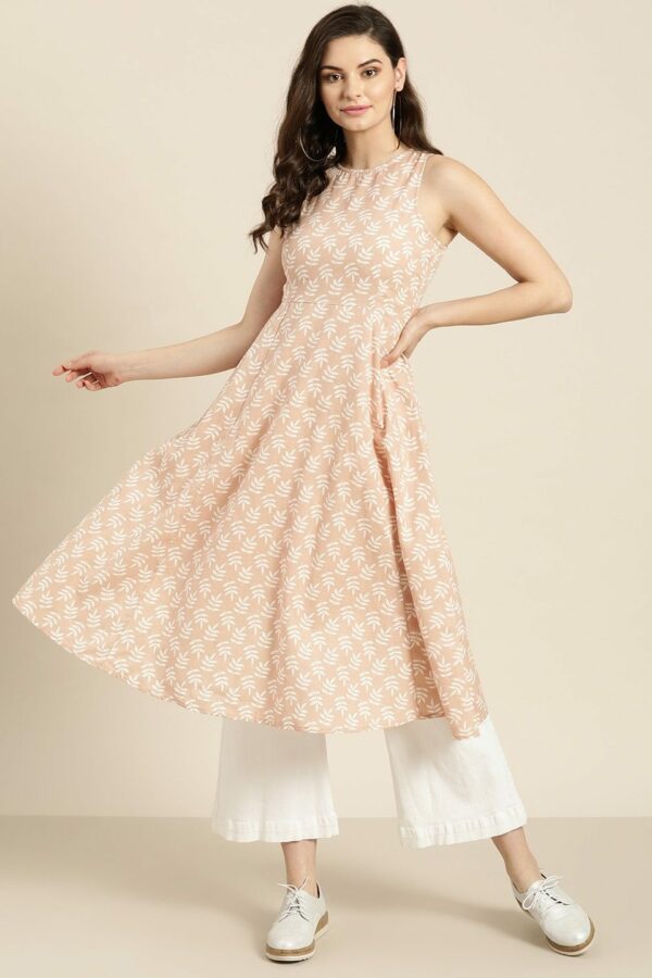 Shae by SASSAFRAS Women Peach-Coloured & White Printed A-Line Kurta