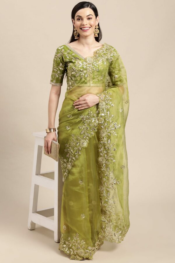 VAIRAGEE Green & Gold Floral Sequinned Organza Saree