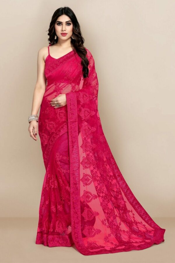 VAIRAGEE Pink Floral Embroidered Net Saree
