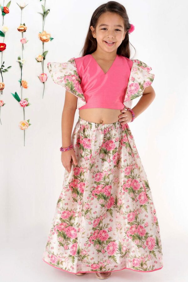 Girl's Printed Skirt And Ruffle Crop Top Set