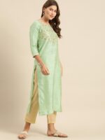 Varanga Women Sea Green Floral Embroidered Kurta - Image 3