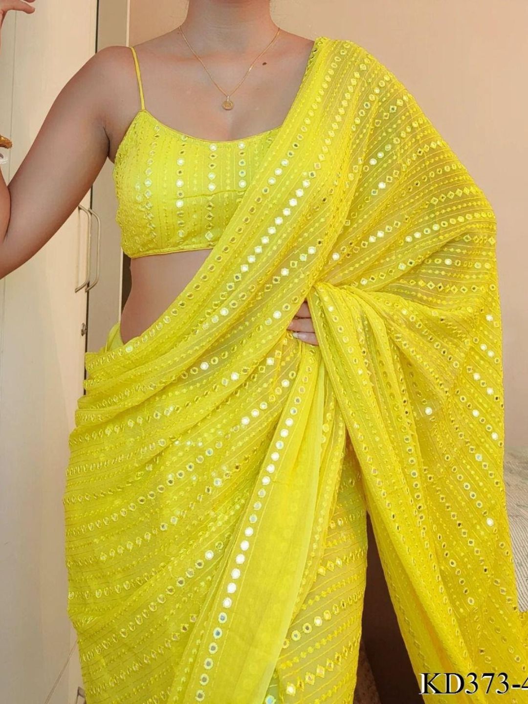 Vishal Georgette Sequence Work Yellow Saree with Unstitched Blouse ...