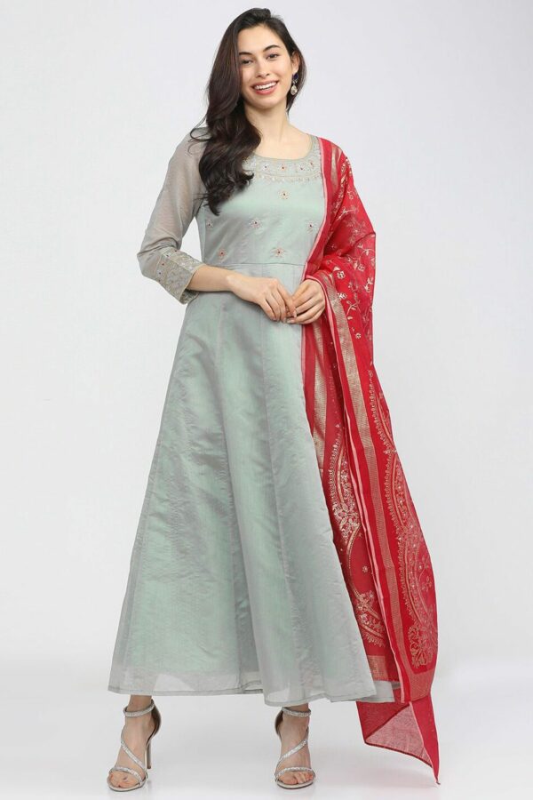Vishudh Grey Floral Embroidered Ethnic Maxi Dress