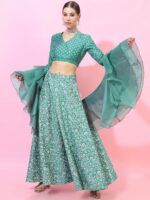 Vishudh Turquoise Blue & Off White Foil Print Ready to Wear Lehenga & Blouse With Dupatta