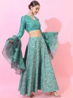 Vishudh Turquoise Blue & Off White Foil Print Ready to Wear Lehenga & Blouse With Dupatta - Image 4