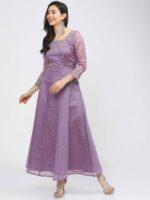 Vishudh Women Mauve Embroidered Ethnic Maxi Dress With Dupatta - Image 5