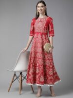 W Maroon & Gold-Toned Ethnic Motifs Keyhole Neck Ethnic A-Line Midi Dress - Image 5