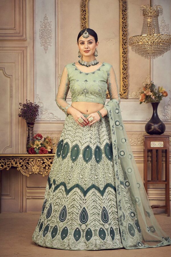 Warthy Ent Green & White Embroidered Semi-Stitched Lehenga & Unstitched Blouse & Dupatta