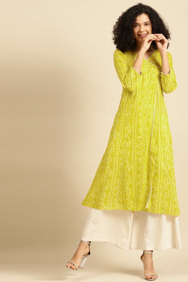 anayna Women Lime Green & Off White Bandhani Screen Print Cotton Angrakha Kurta